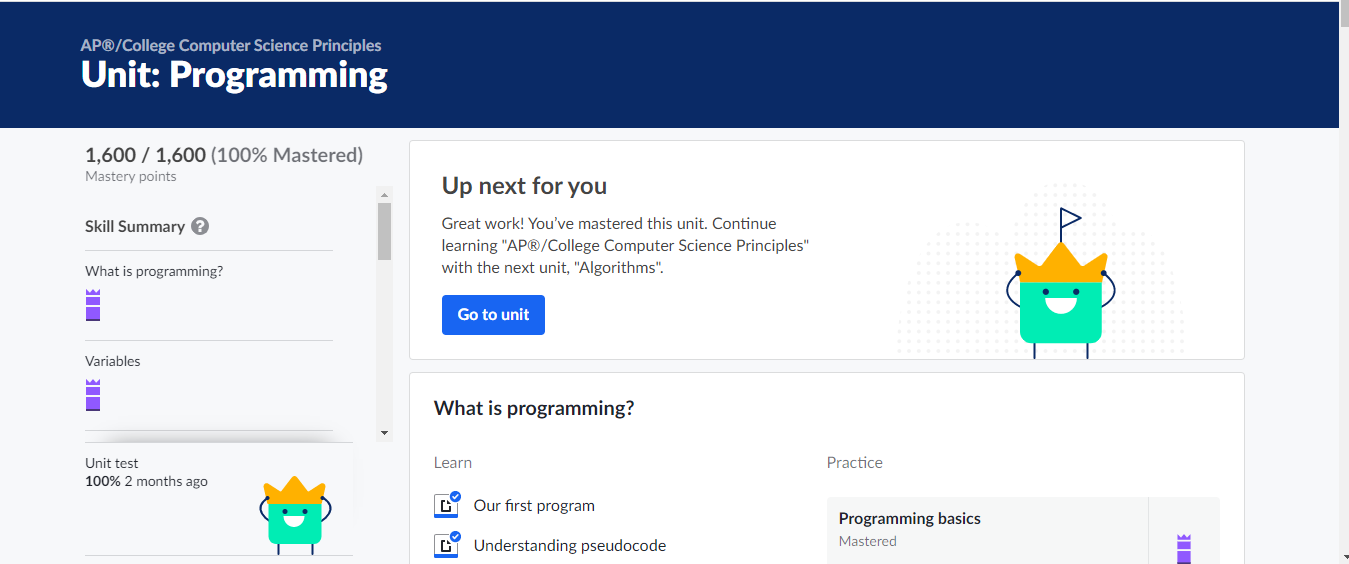 Picture that proves that I completed the module from AP®︎/College Computer Science Principles: Programming on Khan Academy.